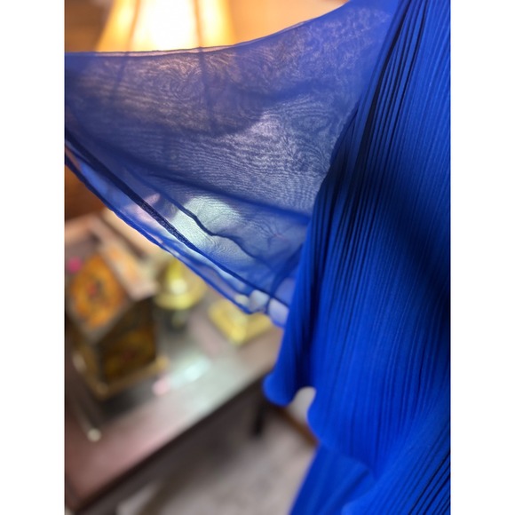 Vintage Royal Blue Dress Pleated Cape Overlay Tie Waist Occasion Party 18/20 - Picture 7 of 10